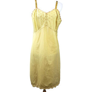 Barbizon Vintage‎ Slip 1950s Made In USA Satin Embroidered Yellow Womens Large